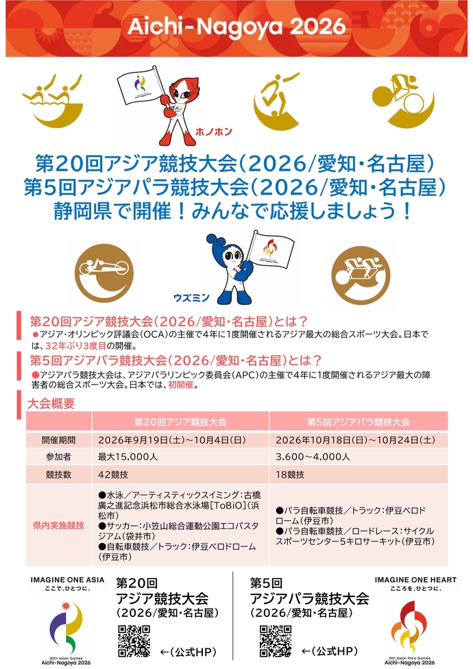 第20回アジア競技大会(2026/愛知・名古屋) 第5回アジア競技大会(2026/愛知・名古屋)の大会概要を記載したチラシ